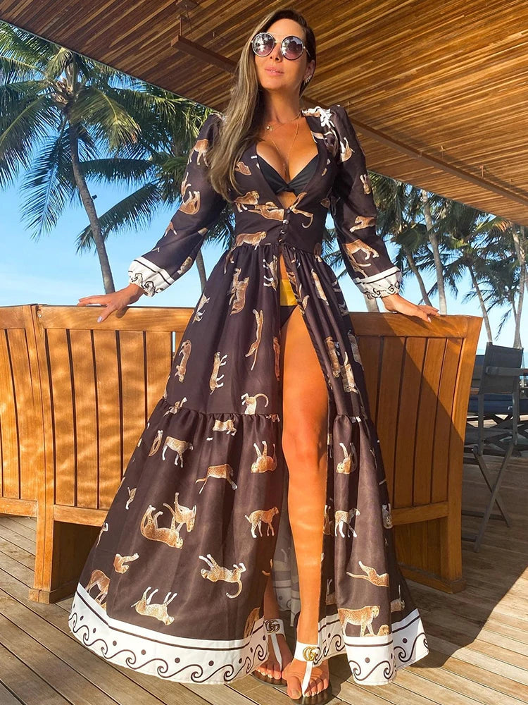 Leaves Print Bikini Beach Cover up Tunics for Beach Long Kaftan Cover up Beach Swimsuit cover-ups