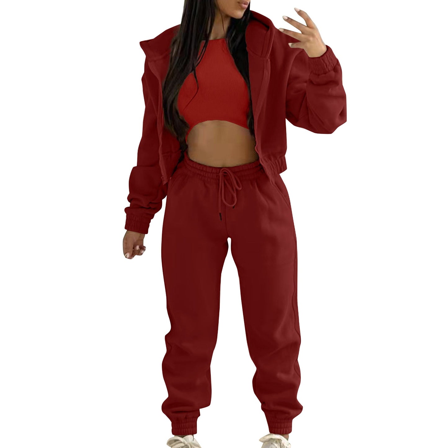 Women's Casual Tracksuit Top Vest Pant Set Fashionable Solid Color Zipper Hooded Sweatshirt Pant Suit