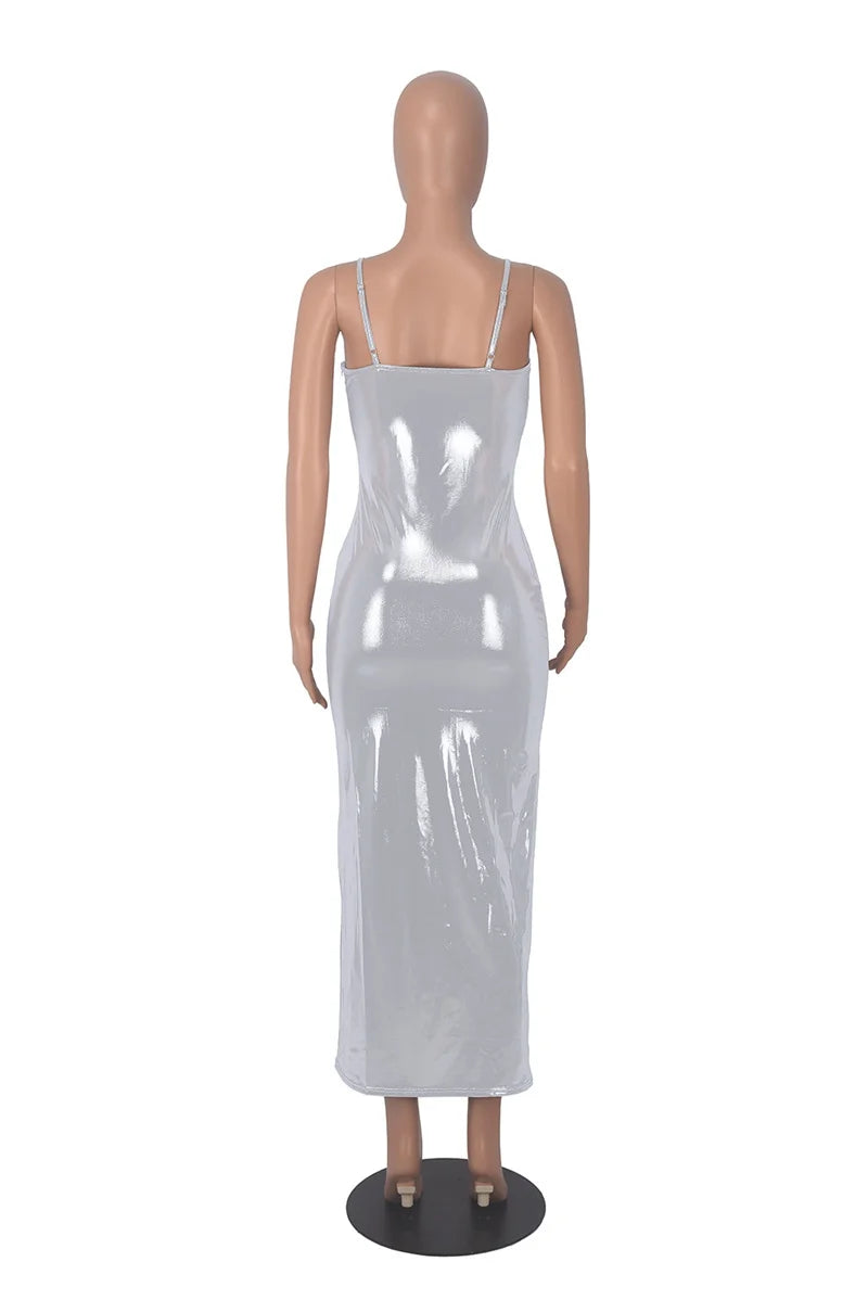 Shiny Bodycon Slim Sexy Ankle Length Long Dress Spaghetti Strap Glitter Metallic Midi Party/Club Dress