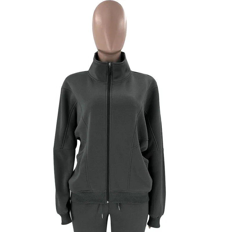 Streetwear 2 Piece Sets Women Outfit Autumn Clothes Women Solid Jacket Top and Pants Sets Casual Fleece Set