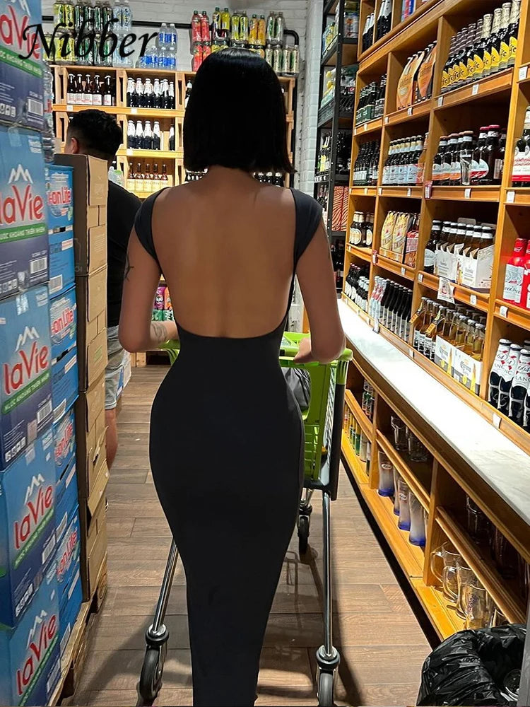Solid Backless Maxi Dress Elegant Elastic Slim Short Sleeve Long dress Bodycon Streetwear Clothing