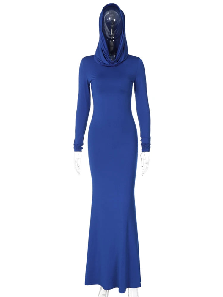 Fashion Solid Hooded Maxi Dresses Women Elegant Casual Long Sleeve Slim Bodycon Party Streetwear