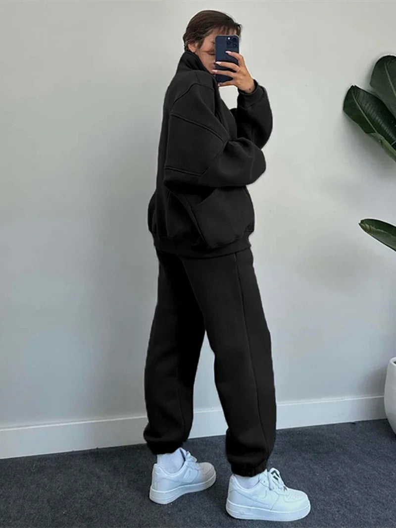 Streetwear 2 Piece Sets Women Outfit Autumn Clothes Women Solid Jacket Top and Pants Sets Casual Fleece Set