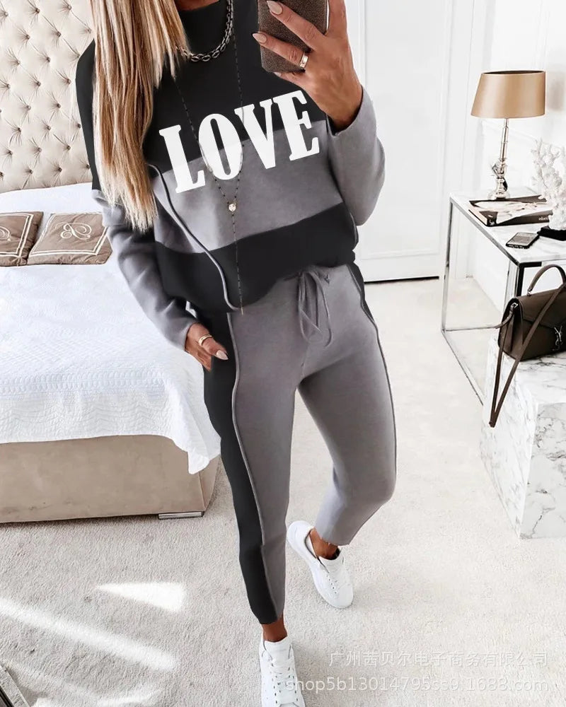 Contrast Piping Top & Drawstring Pants Set Women 2pcs Clothes Set Autumn Winter Sweatshirt Sweatpants