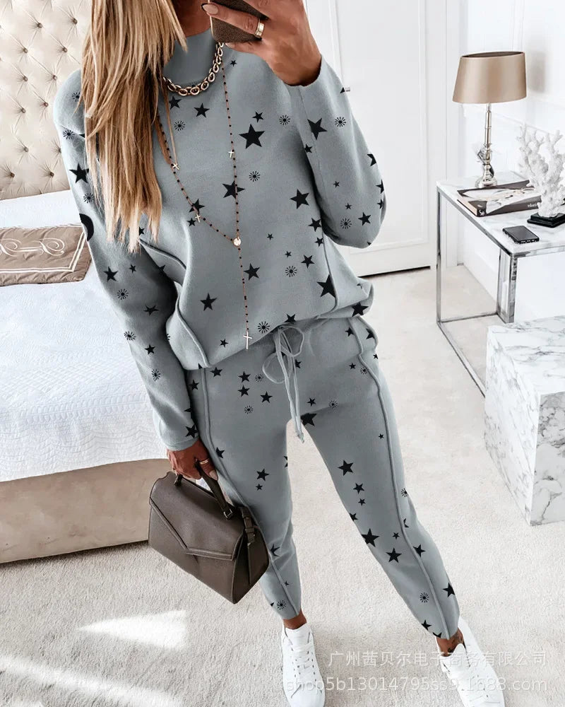Contrast Piping Top & Drawstring Pants Set Women 2pcs Clothes Set Autumn Winter Sweatshirt Sweatpants