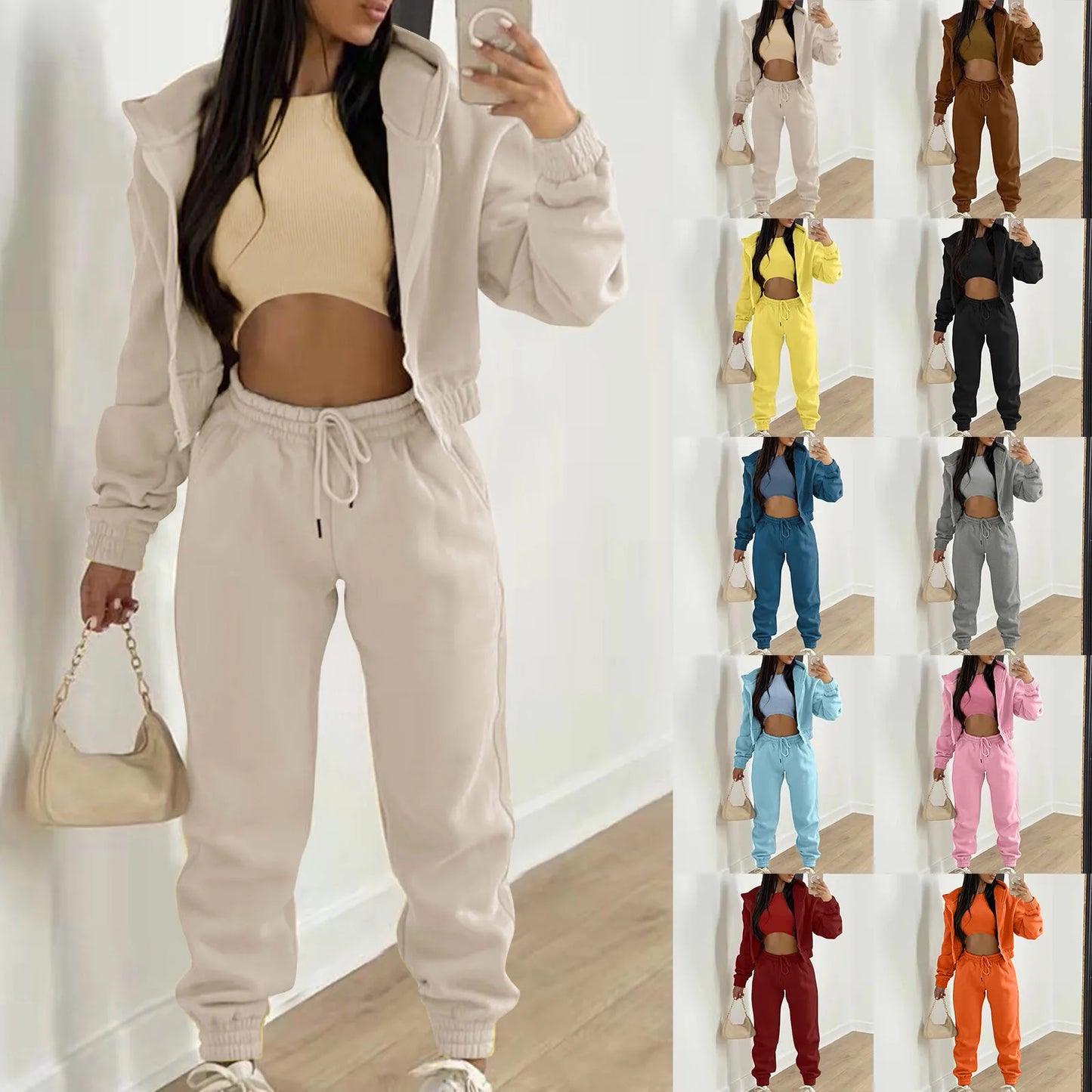 Casual Tracksuit Top Vest Pant Set Solid Color Zipper Sexy Casual Loose Outfits