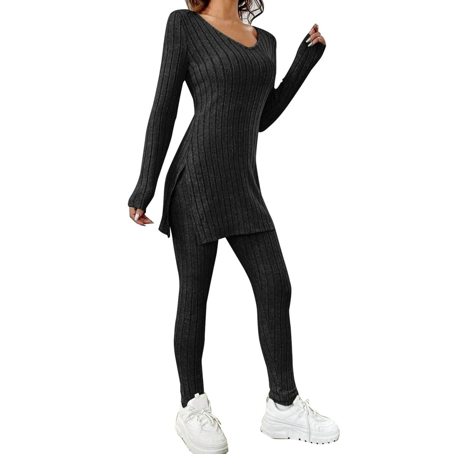 Fashion Knit Suits Casual Loose Long Pants Print Knitted Solid Color Two Pieces Sets