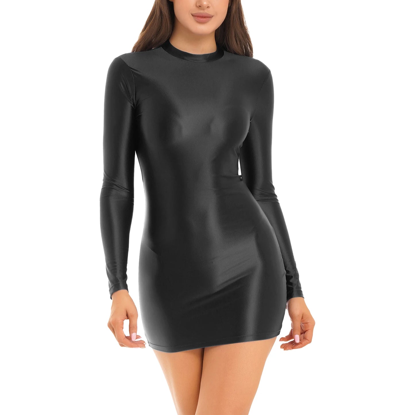 Bodycon Dress Smooth Stretchy Tight Party Dress Glossy Long Sleeve Dress Clubwear