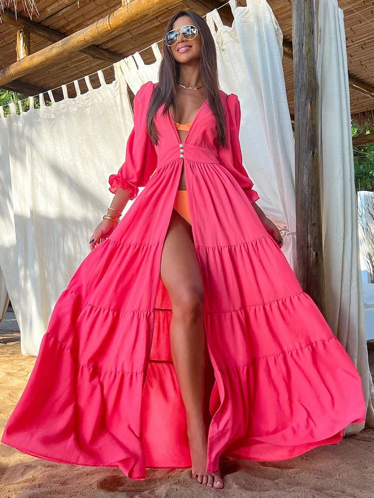 Leaves Print Bikini Beach Cover up Tunics for Beach Long Kaftan Cover up Beach Swimsuit cover-ups