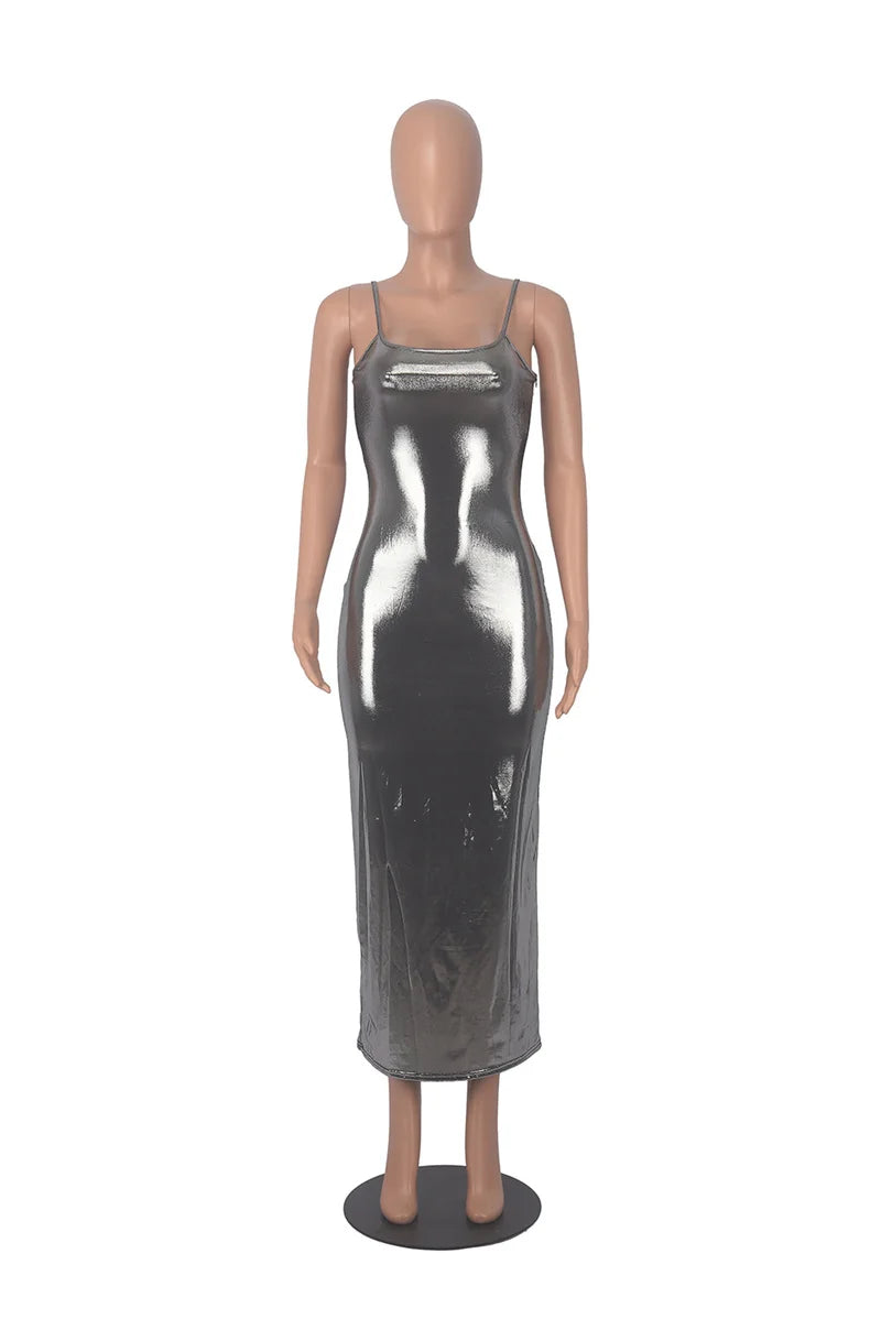 Shiny Bodycon Slim Sexy Ankle Length Long Dress Spaghetti Strap Glitter Metallic Midi Party/Club Dress