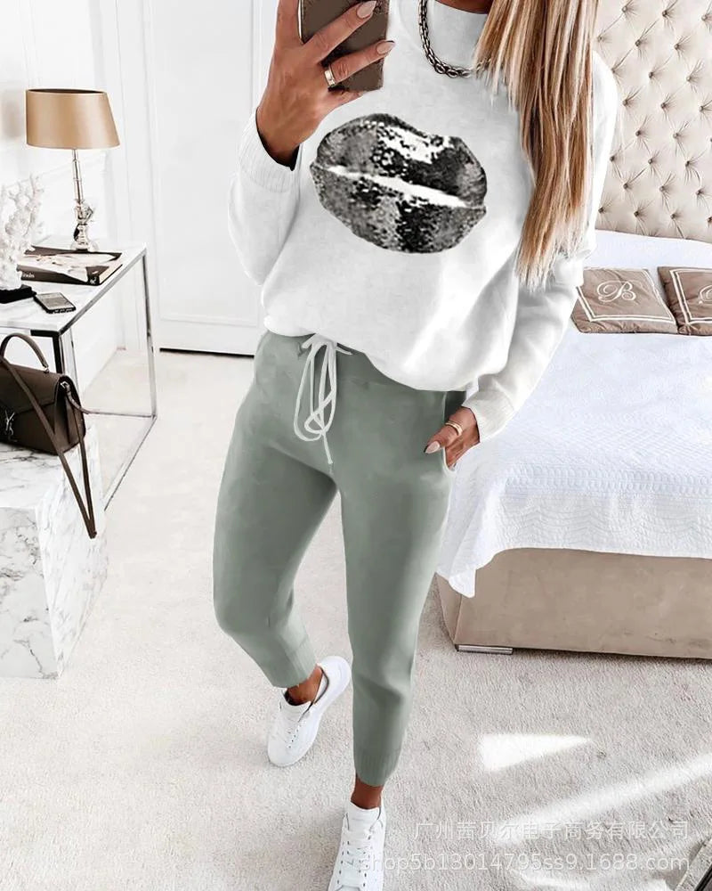 Contrast Piping Top & Drawstring Pants Set Women 2pcs Clothes Set Autumn Winter Sweatshirt Sweatpants