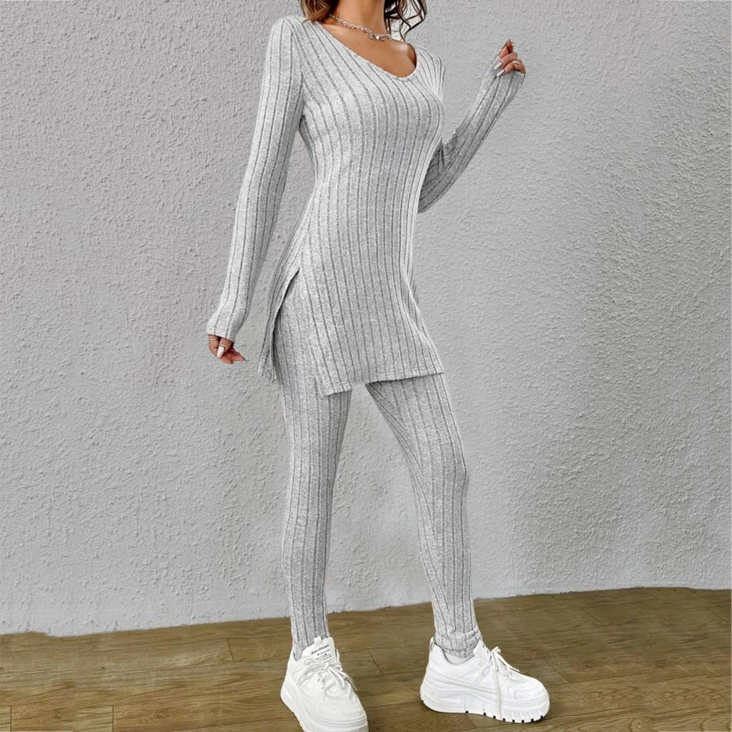 Fashion Knit Suits Casual Loose Long Pants Print Knitted Solid Color Two Pieces Sets