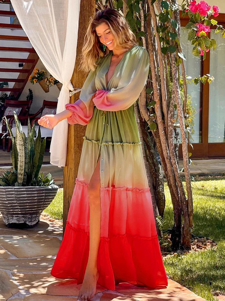 Leaves Print Bikini Beach Cover up Tunics for Beach Long Kaftan Cover up Beach Swimsuit cover-ups