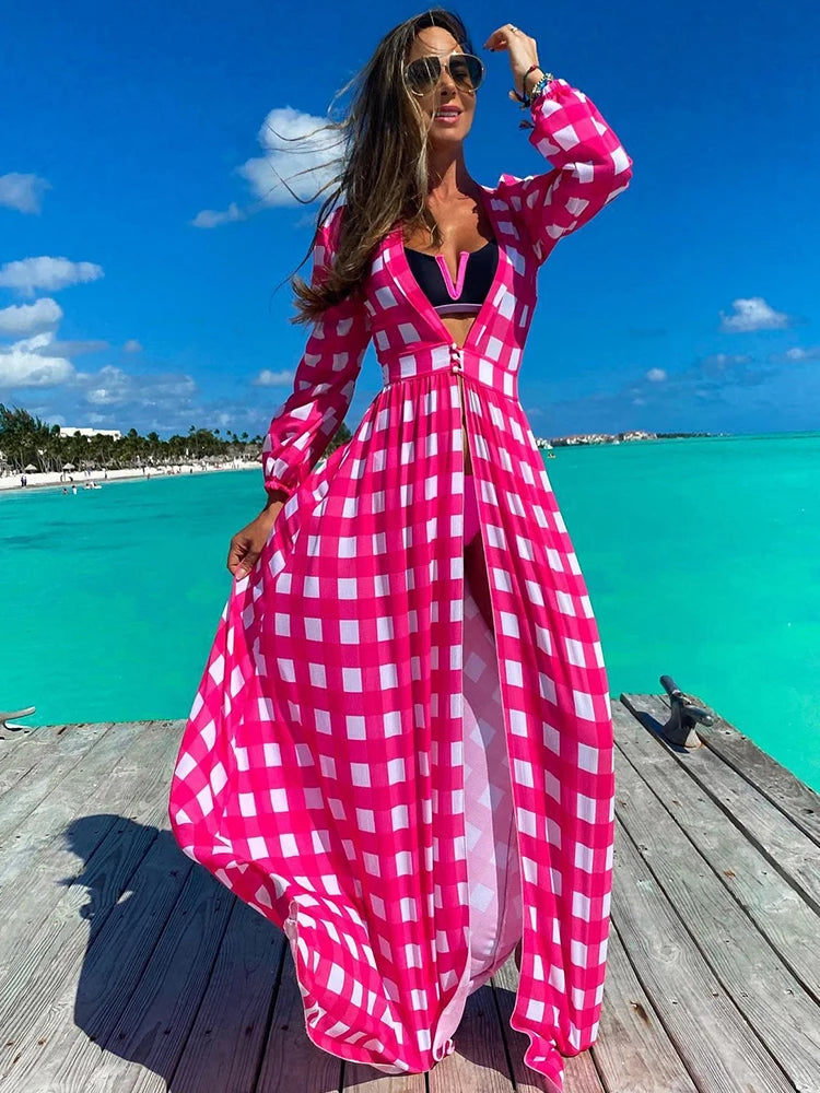 Leaves Print Bikini Beach Cover up Tunics for Beach Long Kaftan Cover up Beach Swimsuit cover-ups