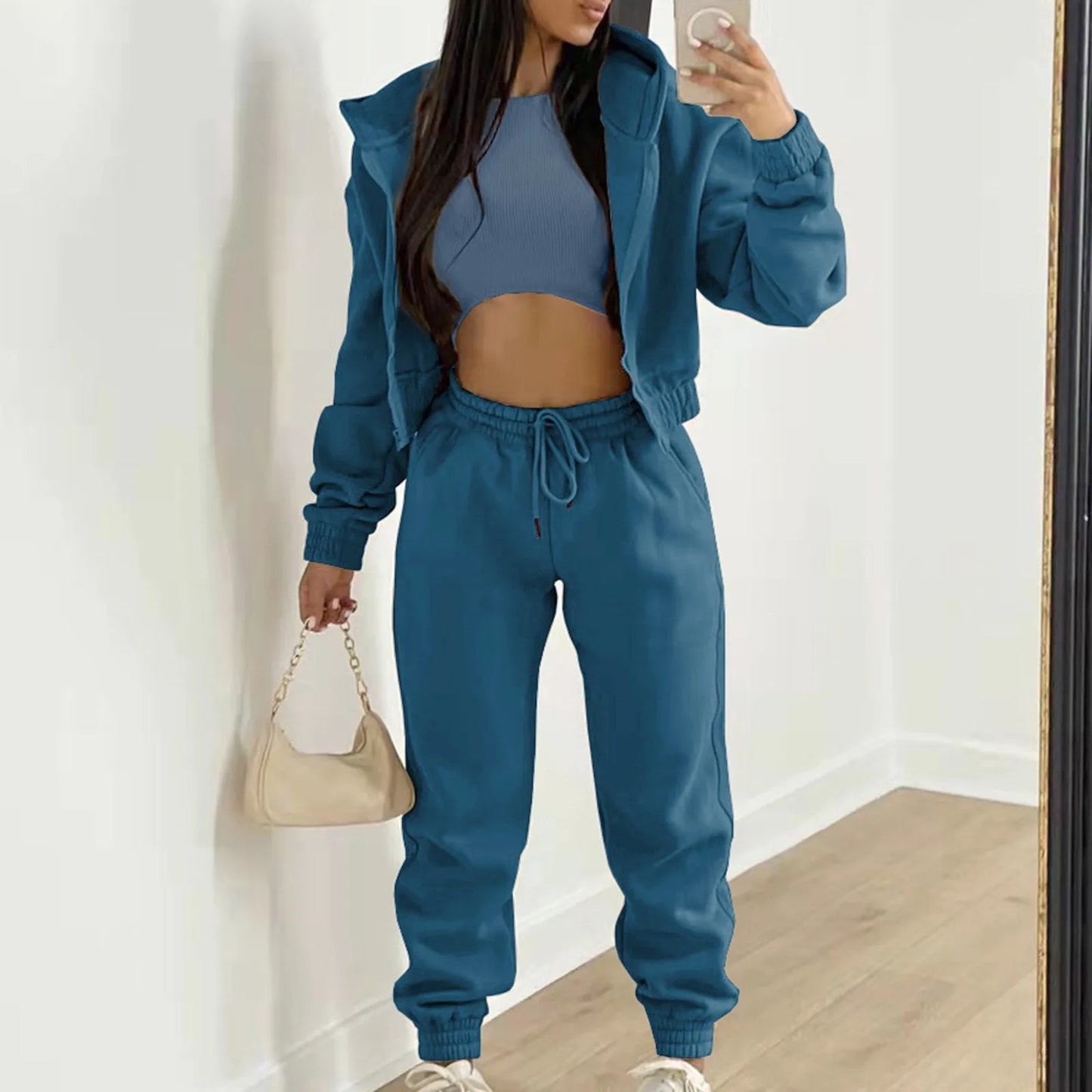 Casual Tracksuit Top Vest Pant Set Solid Color Zipper Sexy Casual Loose Outfits