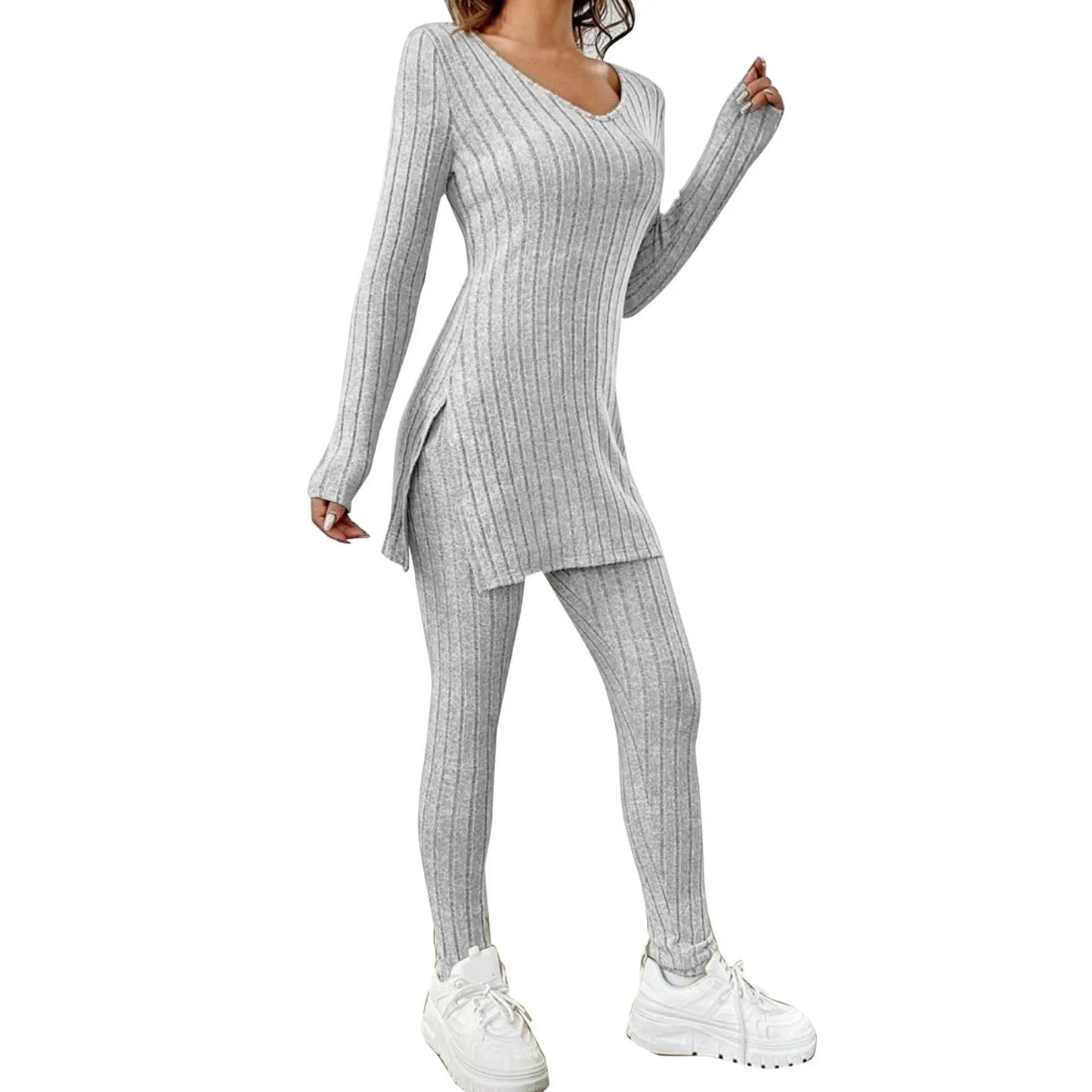 Fashion Knit Suits Casual Loose Long Pants Print Knitted Solid Color Two Pieces Sets