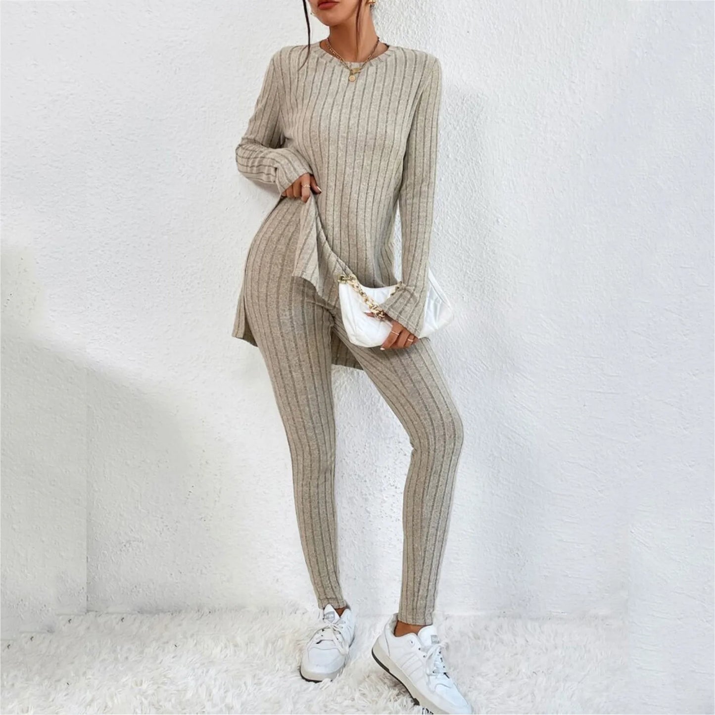 Fashion Knit Suits Casual Loose Long Pants Print Knitted Solid Color Two Pieces Sets