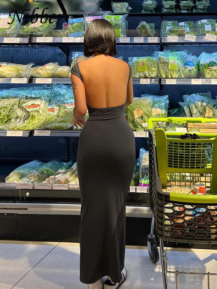 Solid Backless Maxi Dress Elegant Elastic Slim Short Sleeve Long dress Bodycon Streetwear Clothing