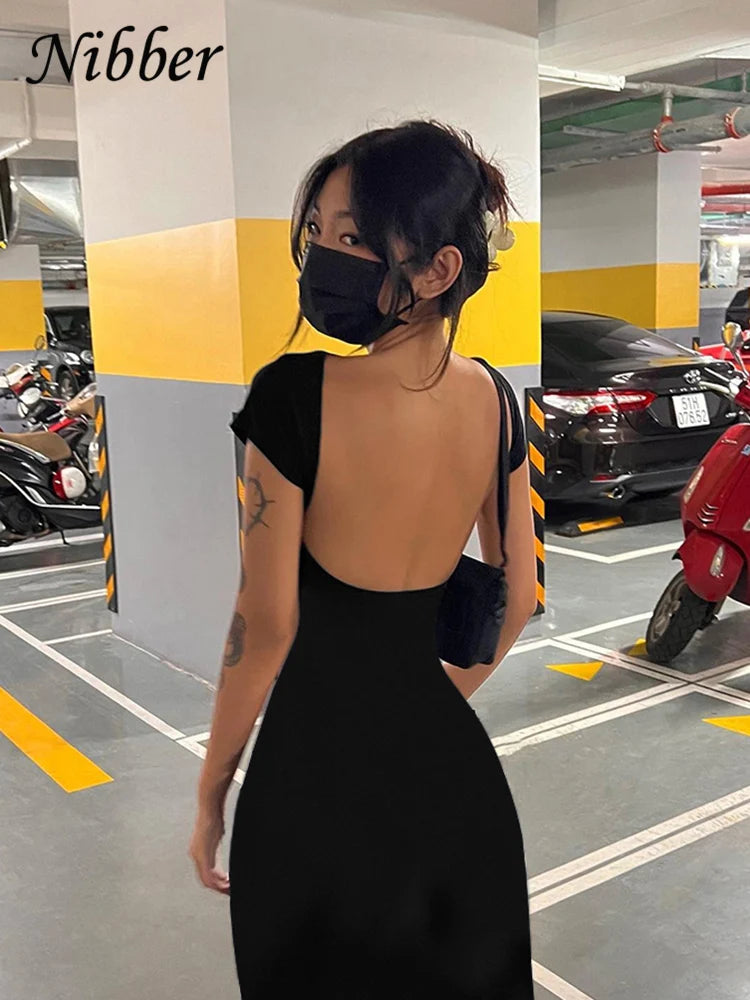 Solid Backless Maxi Dress Elegant Elastic Slim Short Sleeve Long dress Bodycon Streetwear Clothing