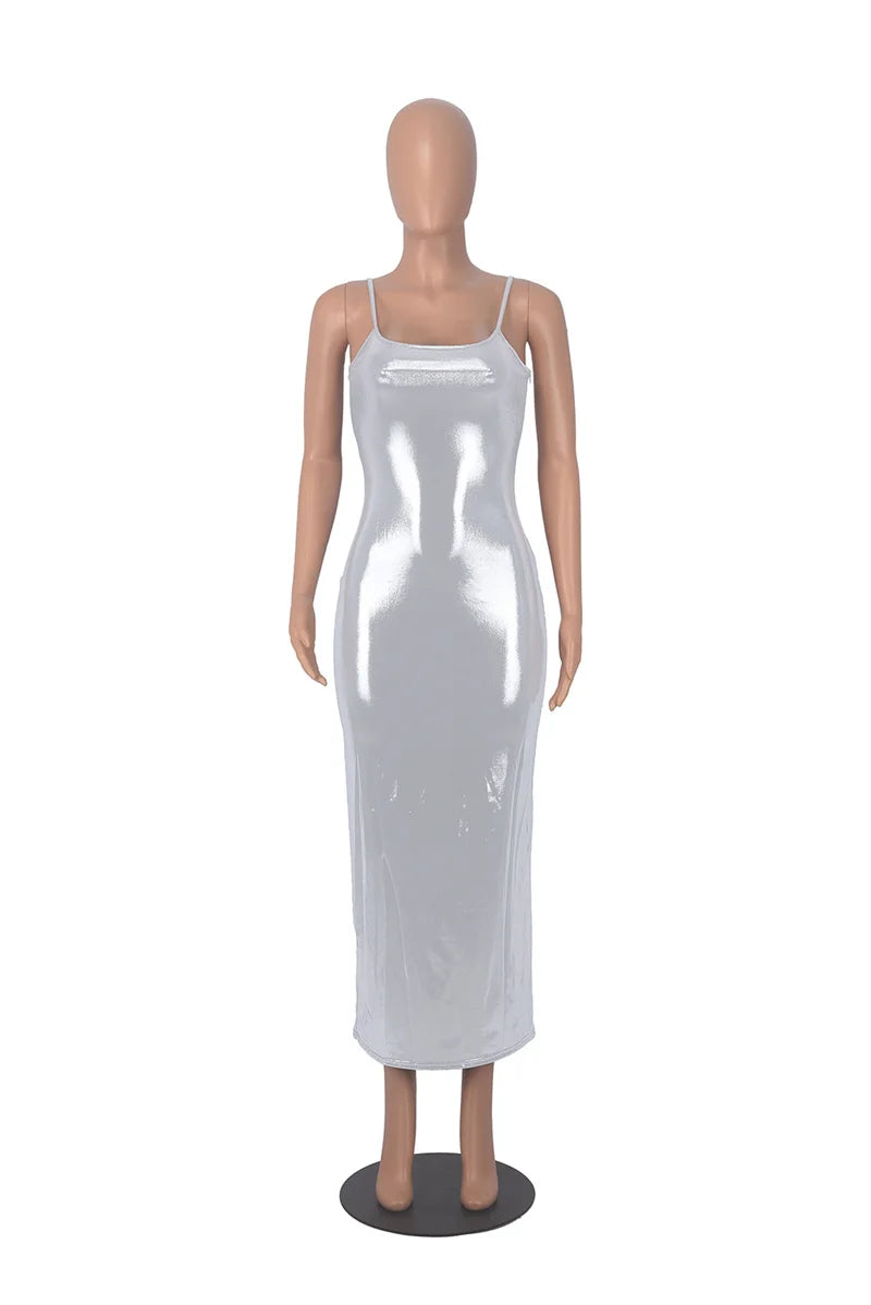 Shiny Bodycon Slim Sexy Ankle Length Long Dress Spaghetti Strap Glitter Metallic Midi Party/Club Dress