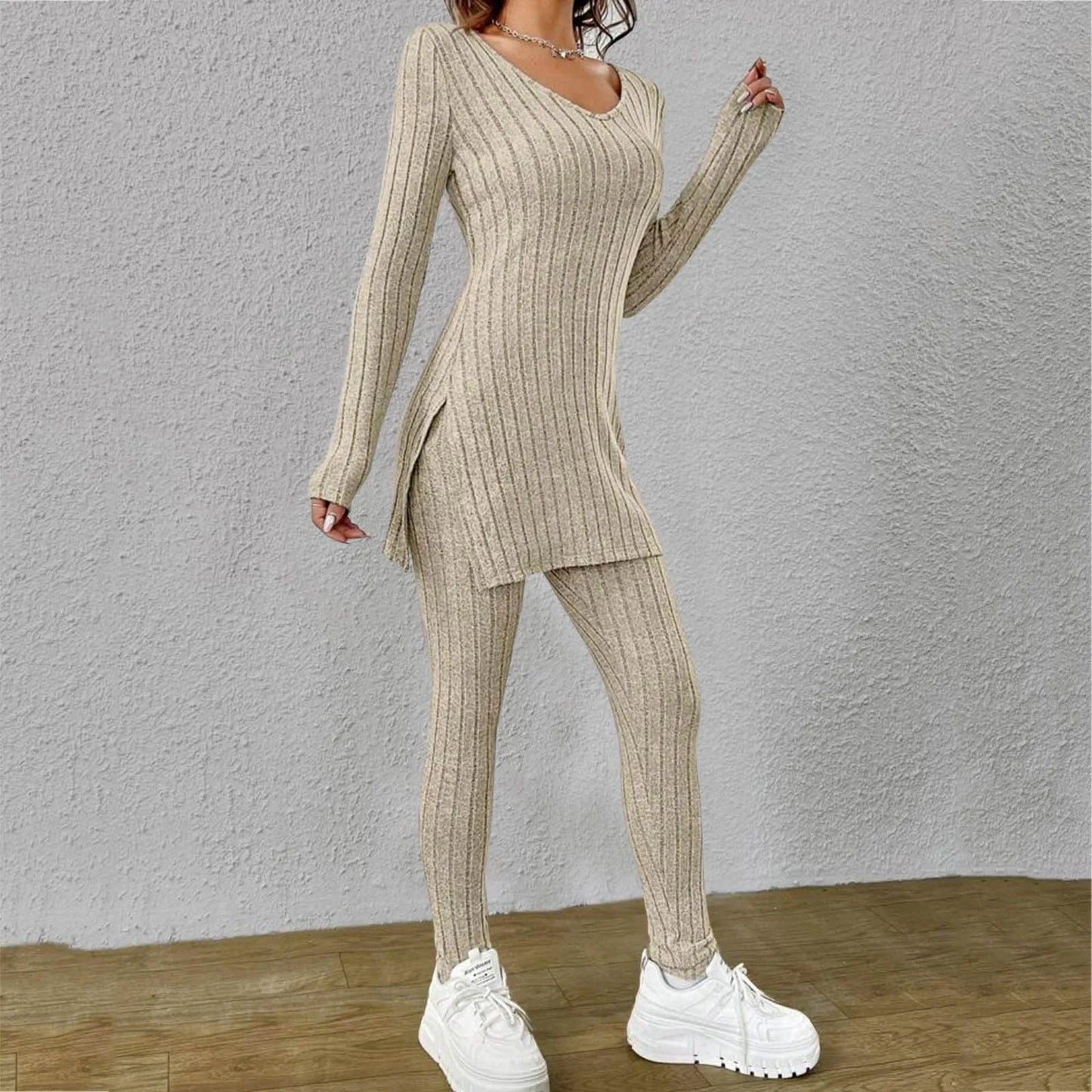 Fashion Knit Suits Casual Loose Long Pants Print Knitted Solid Color Two Pieces Sets