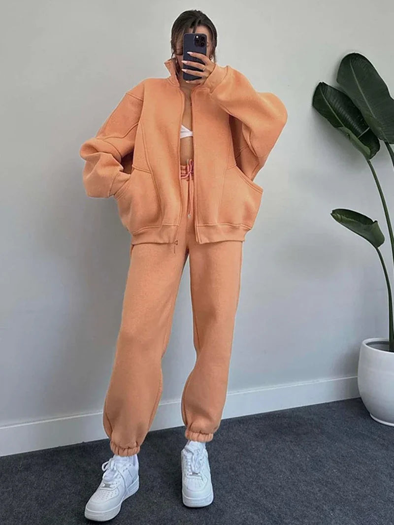 Streetwear 2 Piece Sets Women Outfit Autumn Clothes Women Solid Jacket Top and Pants Sets Casual Fleece Set