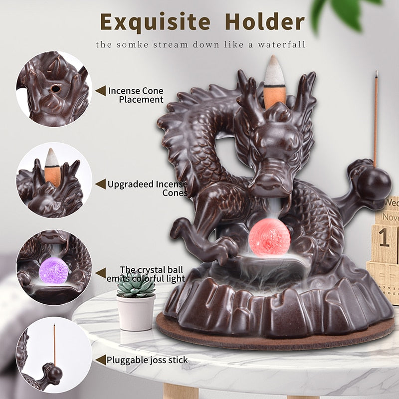 7-Color Change Incense Burner Handmade Ceramic Dragon Backflow Incense Burner Creative Smoke Waterfall Incense Holder Censer
