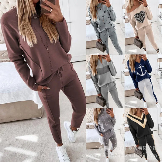 Contrast Piping Top & Drawstring Pants Set Women 2pcs Clothes Set Autumn Winter Sweatshirt Sweatpants