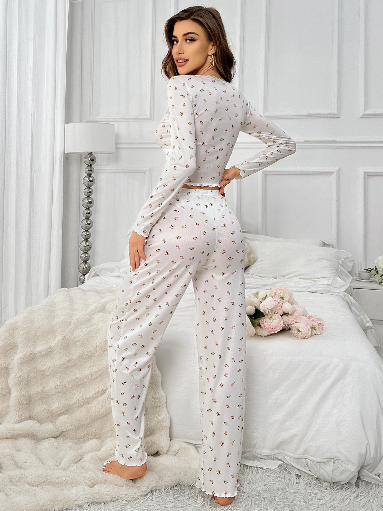 Sleepwear Floral Print Lettuce Trim Pajamas Set  Elastic Waistband  Loungewear Full Sleeve Nightwear