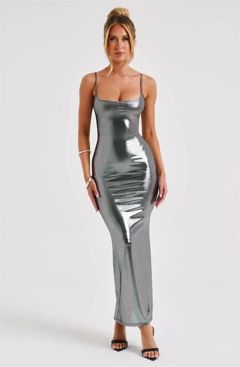 Shiny Bodycon Slim Sexy Ankle Length Long Dress Spaghetti Strap Glitter Metallic Midi Party/Club Dress