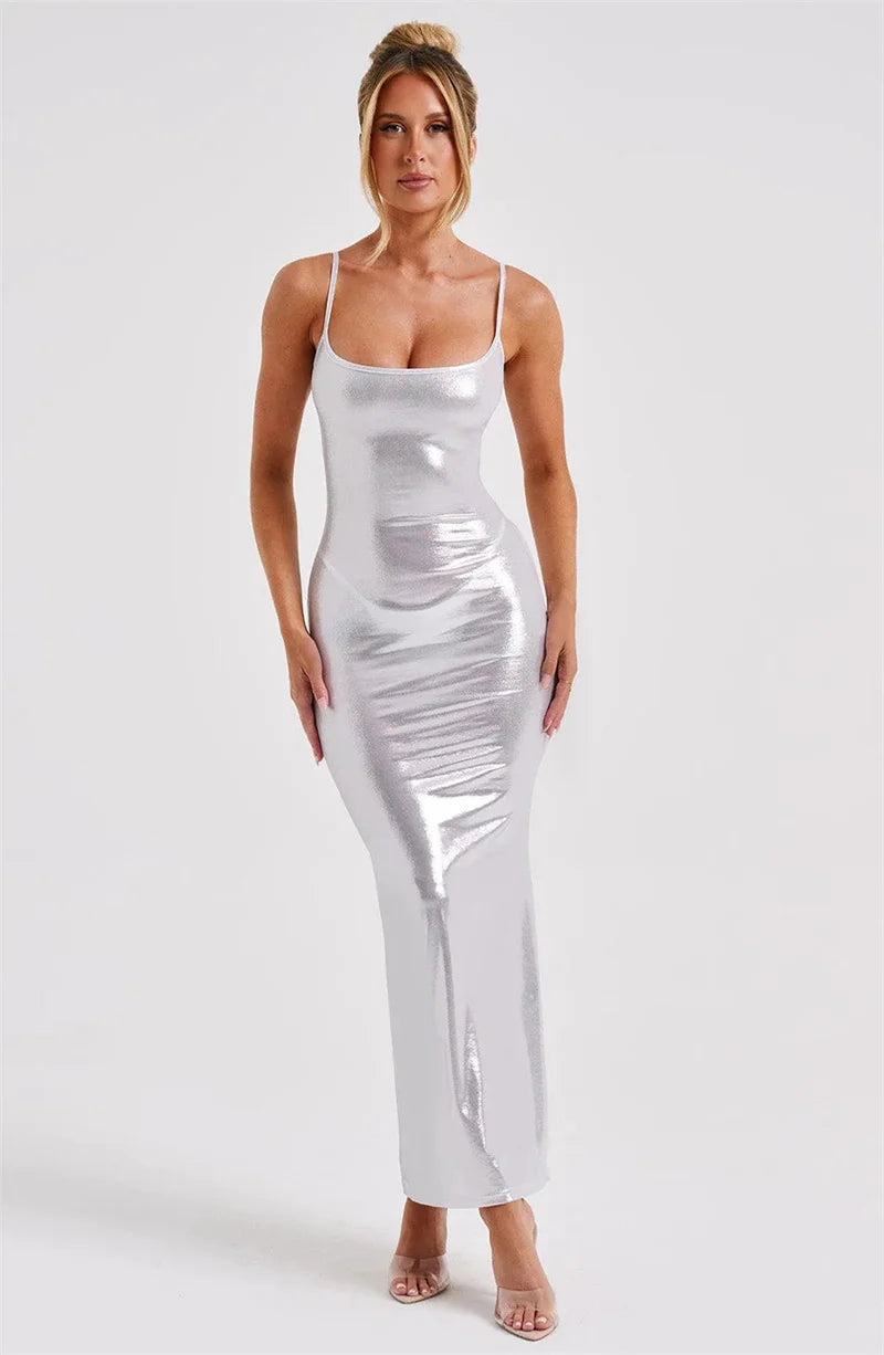 Shiny Bodycon Slim Sexy Ankle Length Long Dress Spaghetti Strap Glitter Metallic Midi Party/Club Dress