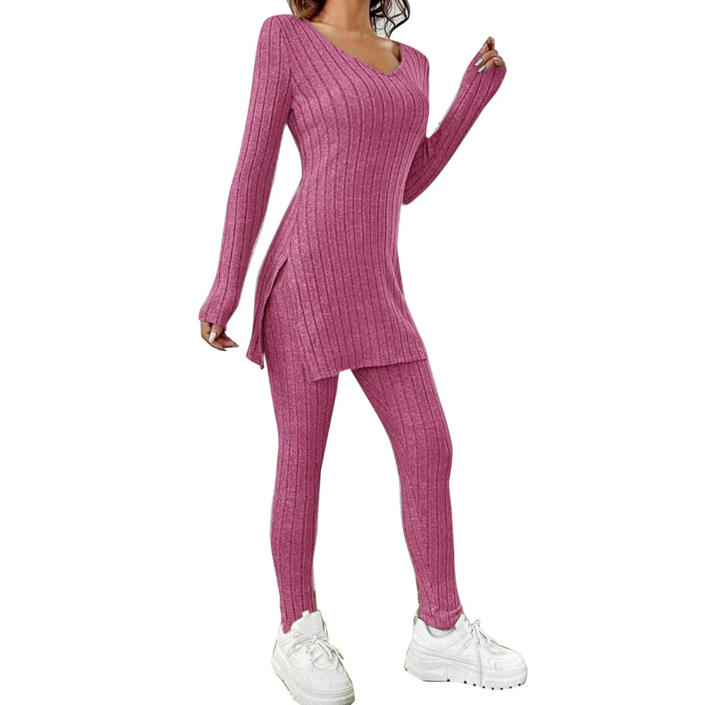 Fashion Knit Suits Casual Loose Long Pants Print Knitted Solid Color Two Pieces Sets