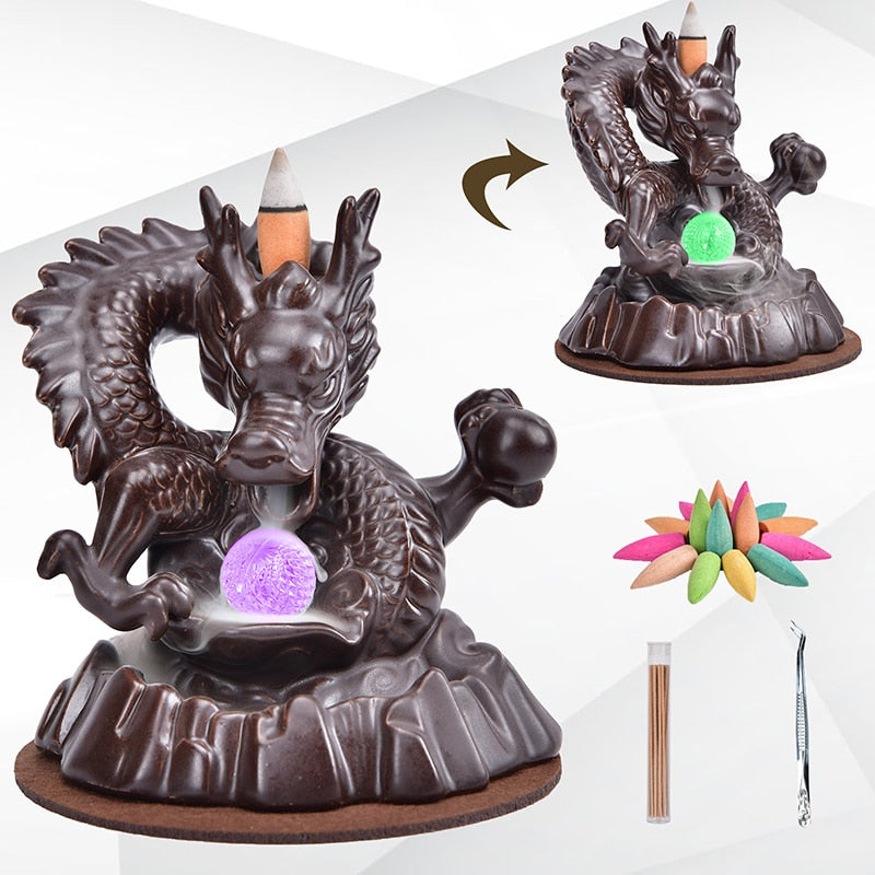 7-Color Change Incense Burner Handmade Ceramic Dragon Backflow Incense Burner Creative Smoke Waterfall Incense Holder Censer