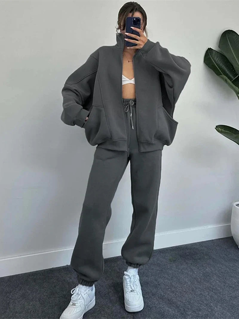 Streetwear 2 Piece Sets Women Outfit Autumn Clothes Women Solid Jacket Top and Pants Sets Casual Fleece Set