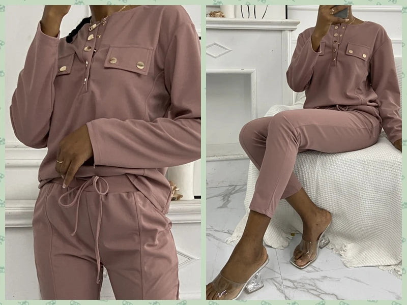 Contrast Piping Top & Drawstring Pants Set Women 2pcs Clothes Set Autumn Winter Sweatshirt Sweatpants