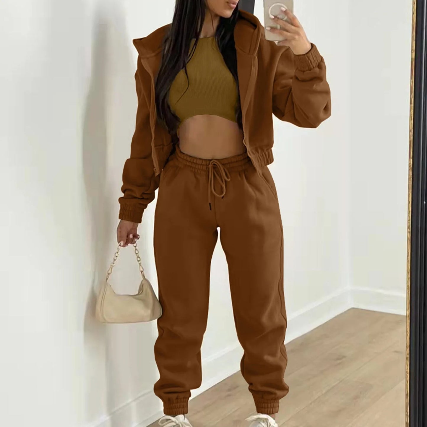 Women's Casual Tracksuit Top Vest Pant Set Fashionable Solid Color Zipper Hooded Sweatshirt Pant Suit
