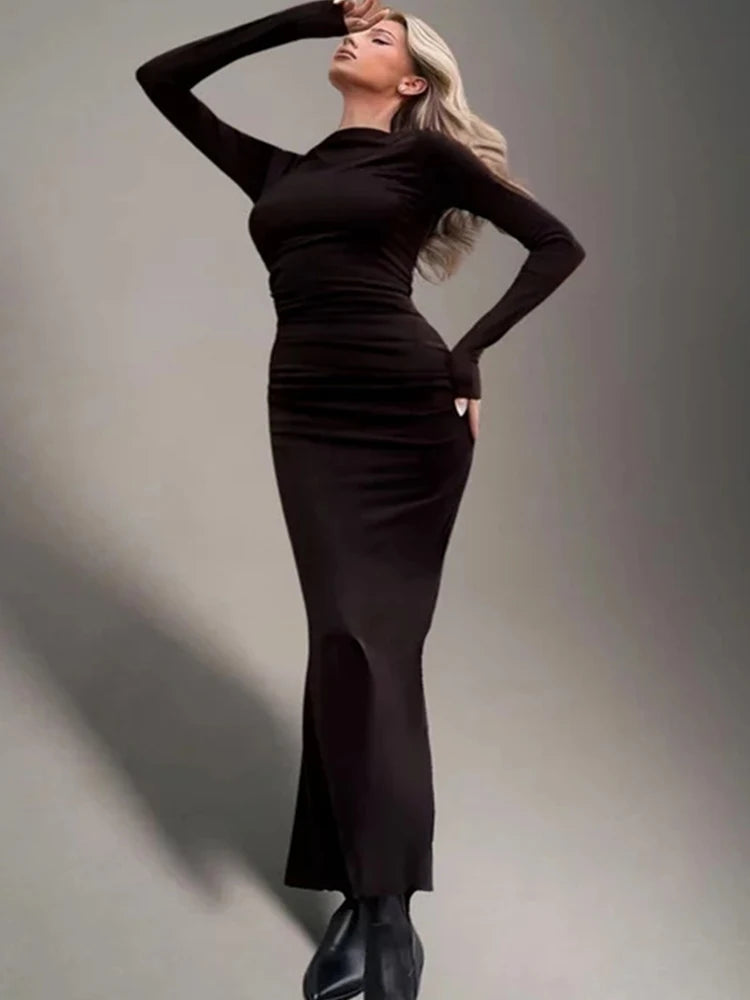 Solid Dresses Fashion Streetwear long Sleeve O-Neck Slim Fit Hip Wrap Long