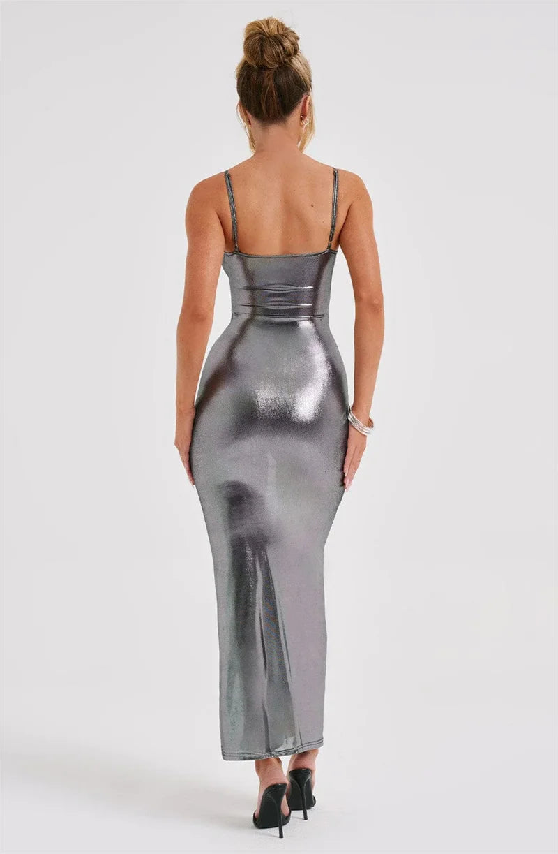 Shiny Bodycon Slim Sexy Ankle Length Long Dress Spaghetti Strap Glitter Metallic Midi Party/Club Dress