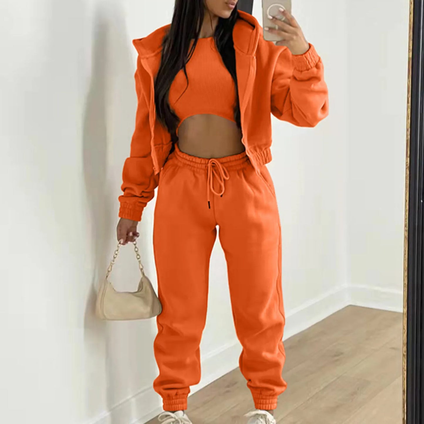 Women's Casual Tracksuit Top Vest Pant Set Fashionable Solid Color Zipper Hooded Sweatshirt Pant Suit