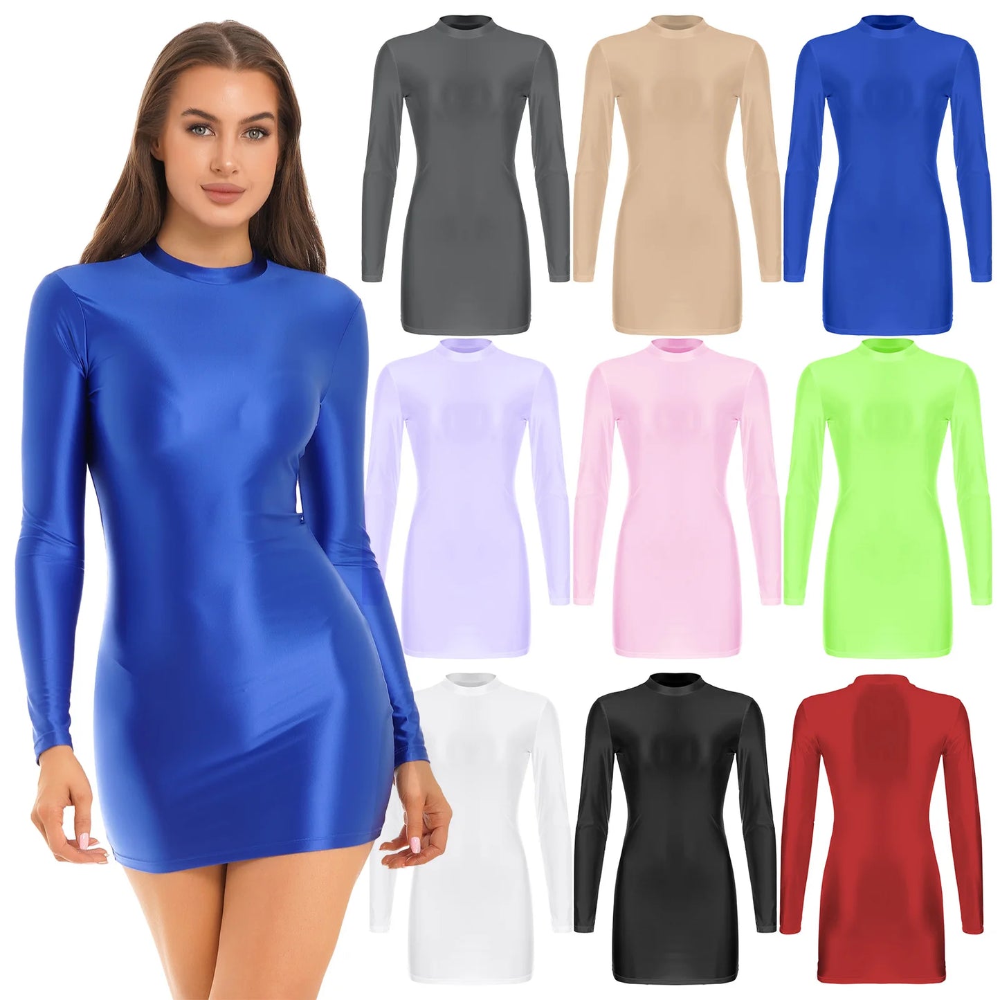 Bodycon Dress Smooth Stretchy Tight Party Dress Glossy Long Sleeve Dress Clubwear