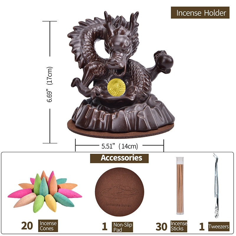 7-Color Change Incense Burner Handmade Ceramic Dragon Backflow Incense Burner Creative Smoke Waterfall Incense Holder Censer