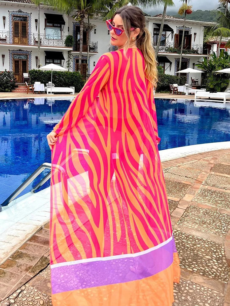 Leaves Print Bikini Beach Cover up Tunics for Beach Long Kaftan Cover up Beach Swimsuit cover-ups
