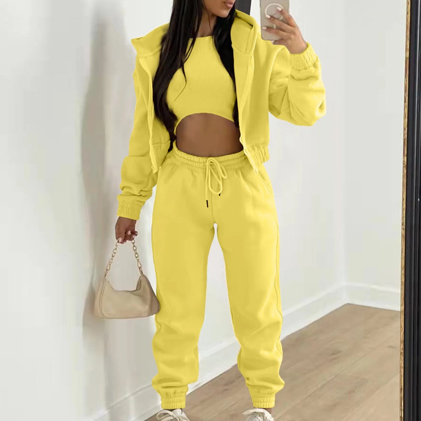 Casual Tracksuit Top Vest Pant Set Solid Color Zipper Sexy Casual Loose Outfits