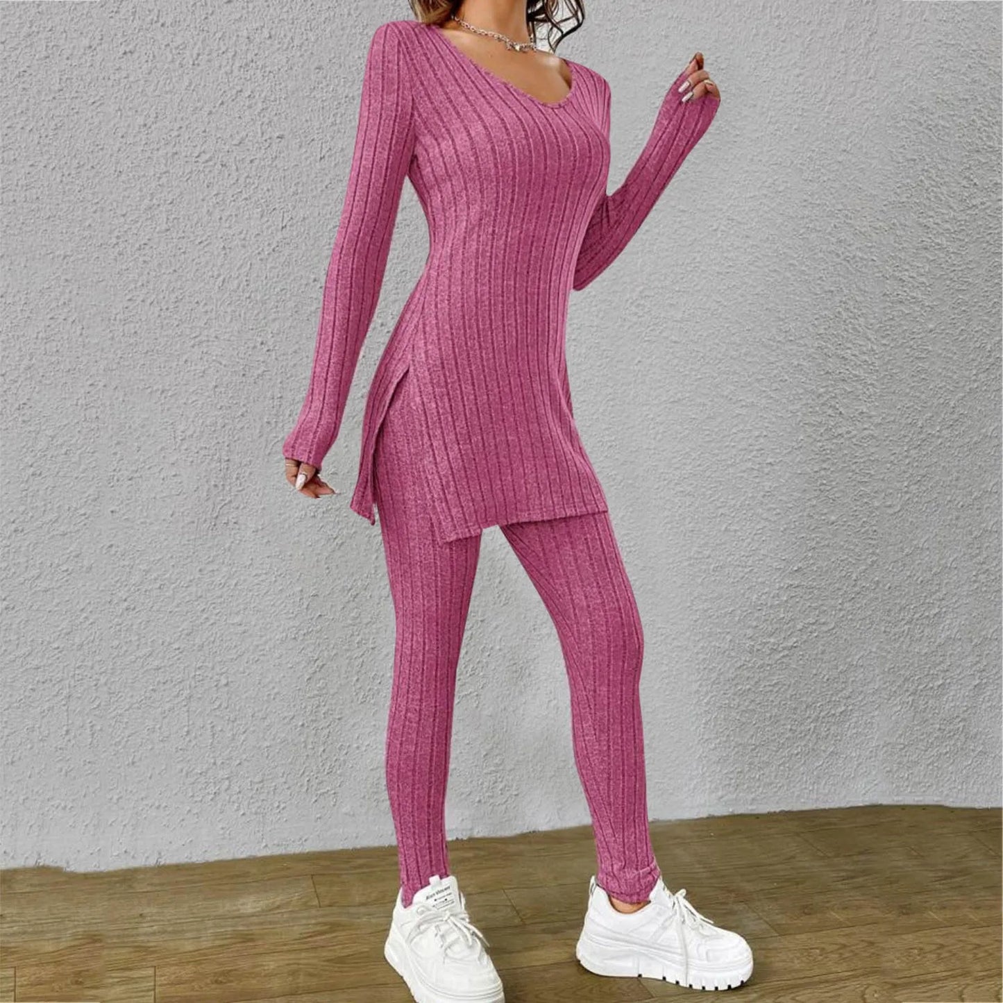Fashion Knit Suits Casual Loose Long Pants Print Knitted Solid Color Two Pieces Sets
