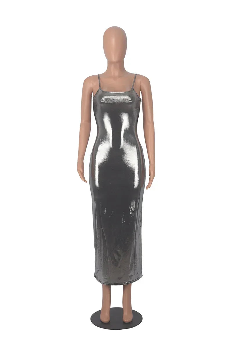 Shiny Bodycon Slim Sexy Ankle Length Long Dress Spaghetti Strap Glitter Metallic Midi Party/Club Dress