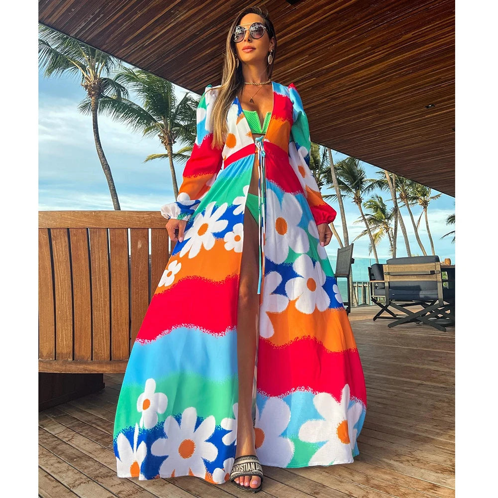 Leaves Print Bikini Beach Cover up Tunics for Beach Long Kaftan Cover up Beach Swimsuit cover-ups