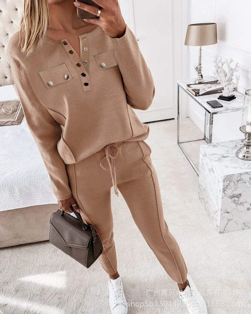 Contrast Piping Top & Drawstring Pants Set Women 2pcs Clothes Set Autumn Winter Sweatshirt Sweatpants