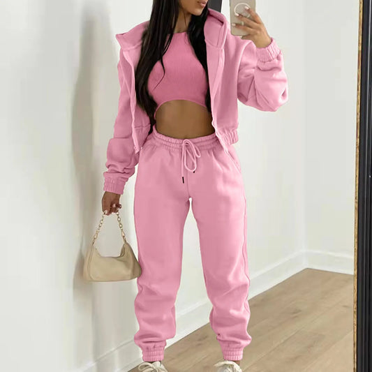 Casual Tracksuit Top Vest Pant Set Solid Color Zipper Sexy Casual Loose Outfits