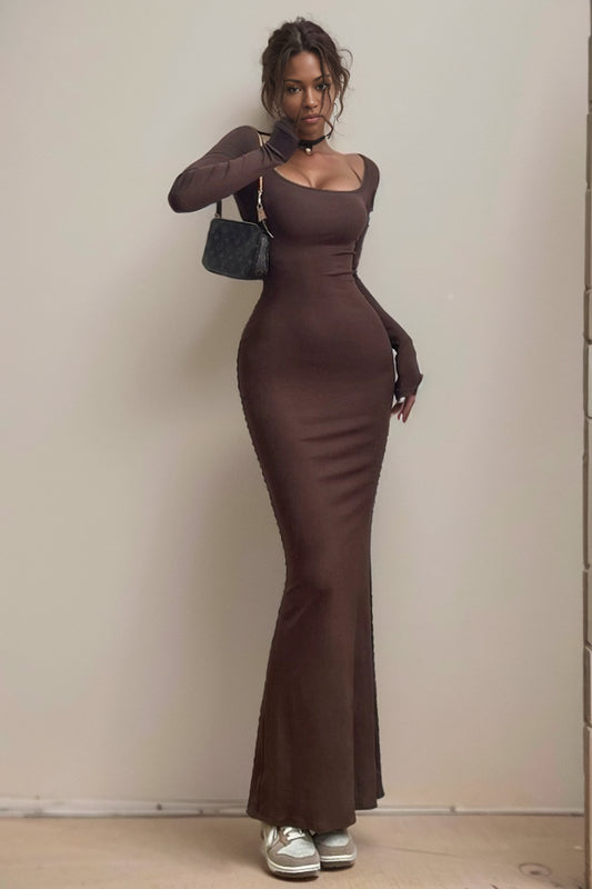 Fashion long sleeve Square-Cut Collar Fishtail Dress Tight Slimming Sheath Long Skirt