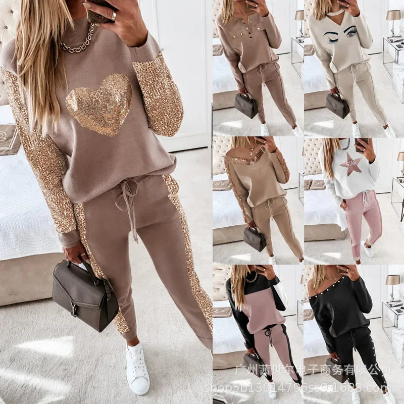 Contrast Piping Top & Drawstring Pants Set Women 2pcs Clothes Set Autumn Winter Sweatshirt Sweatpants